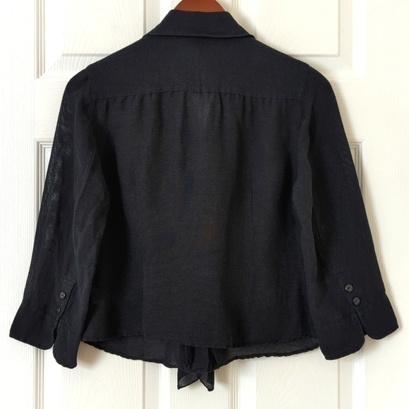 Nic + Zoe Silk & Linen Blend Quarter Sleeve Button Down Tie Front Top Black SP - Picture 10 of 11